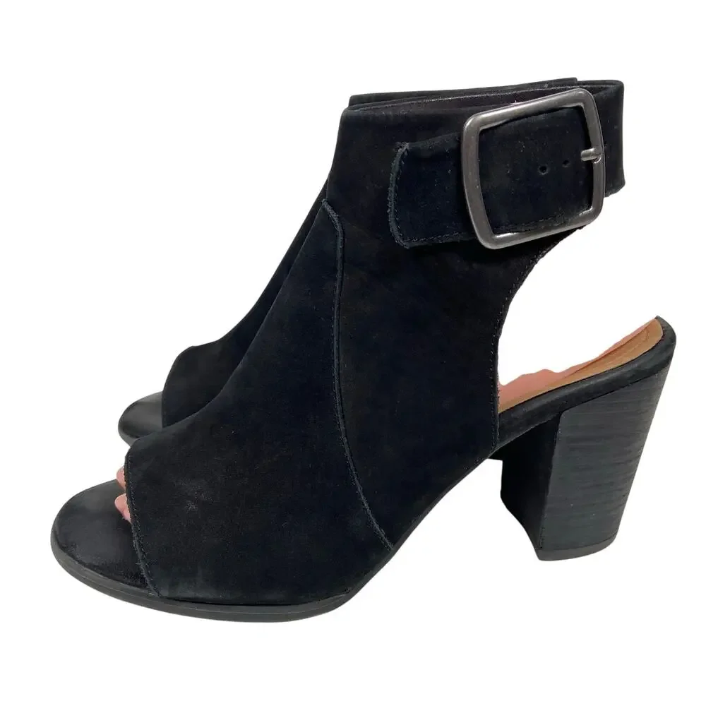 Vionic Blakely Black Suede Leather Peep Toe Ankle Strap Shoes Size 8